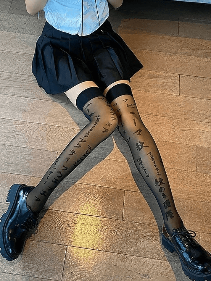 Letter Jacquard Mesh Knee High Socks