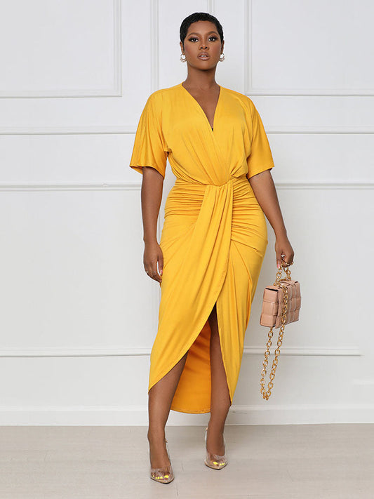 V Neck Ruched Midi Dress