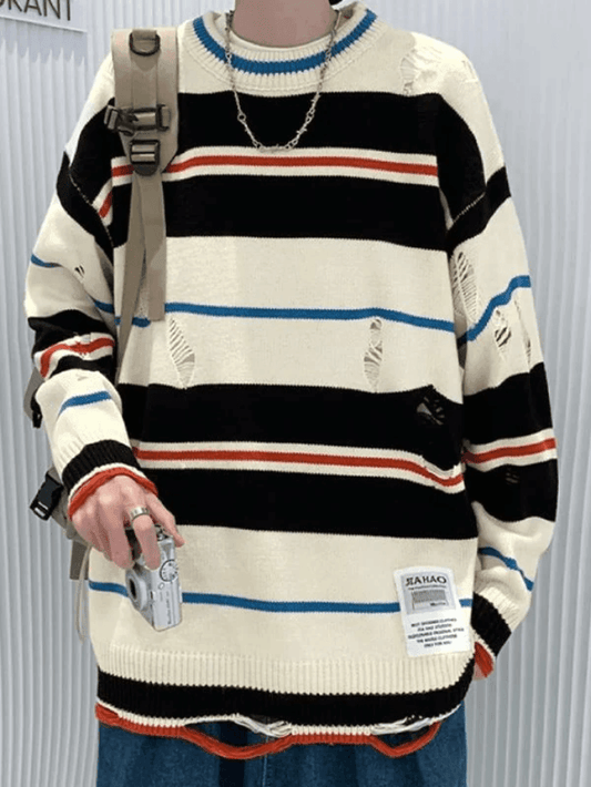 Men's Color Block Striped Distressed Sweater
