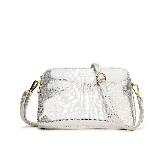 Laminated Animal Pattern Double Zip Crossbody Bag - Silver