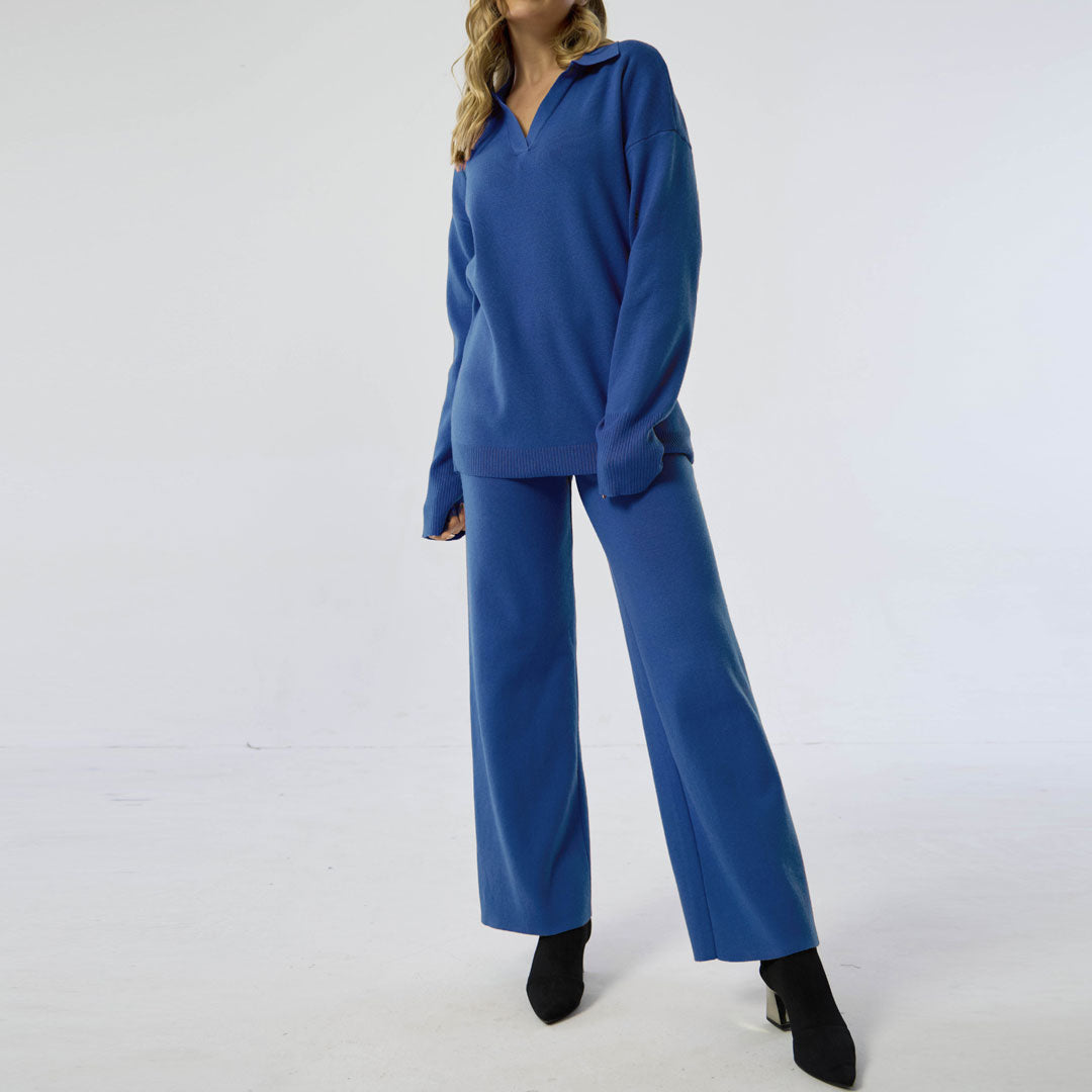 Long Sleeve Sweater Wide Leg Pants Matching Set - Royal Blue