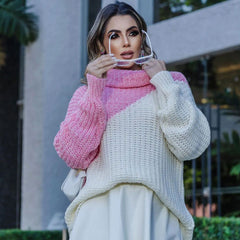 Knitted Color Block Turtleneck Long Sleeve Sweater - Pink