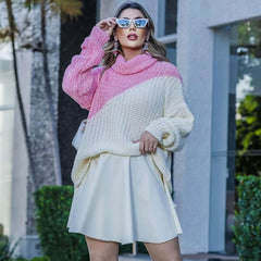 Knitted Color Block Turtleneck Long Sleeve Sweater - Pink
