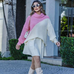 Knitted Color Block Turtleneck Long Sleeve Sweater - Pink