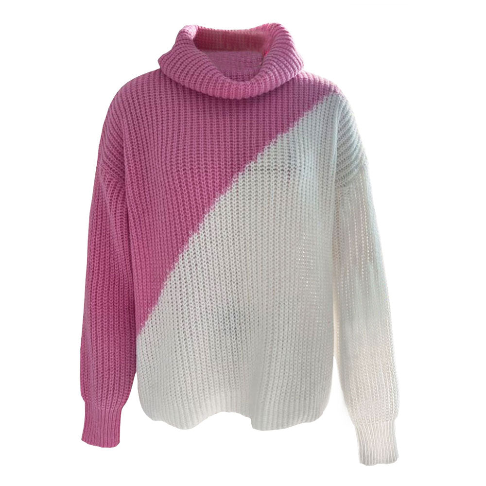 Knitted Color Block Turtleneck Long Sleeve Sweater - Pink