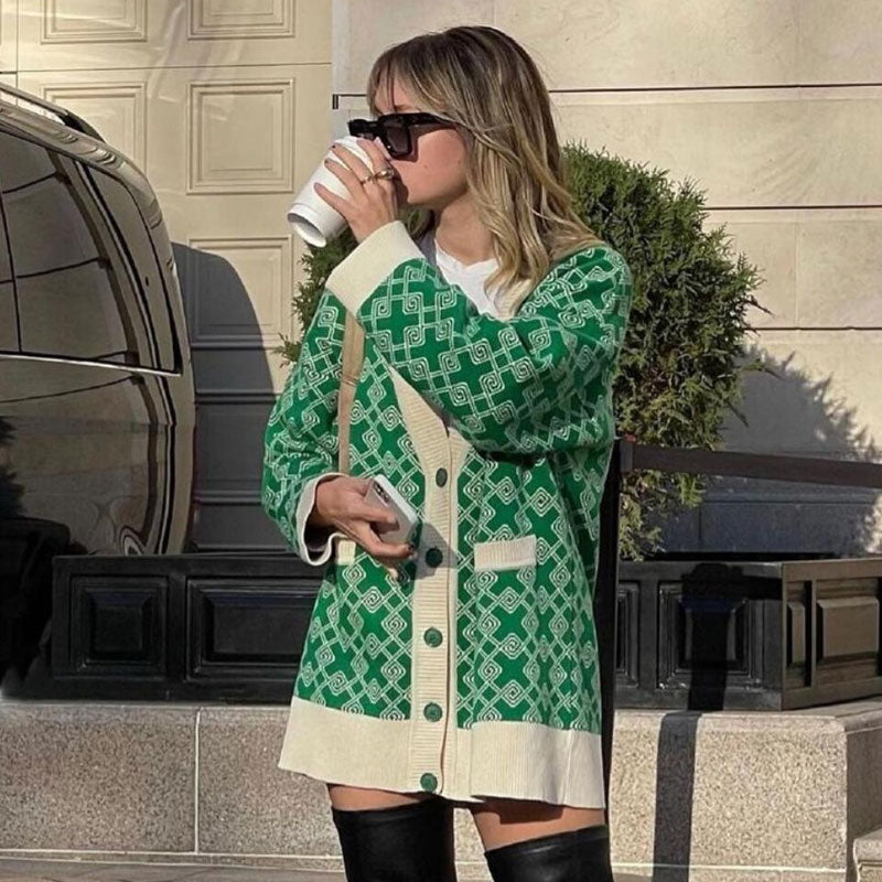 Print V Neck Long Sleeve Ribbed Cardigan - Green