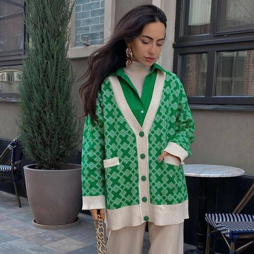 Print V Neck Long Sleeve Ribbed Cardigan - Green