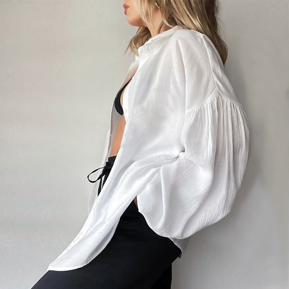 Textured Bishop Sleeve Shirt - White