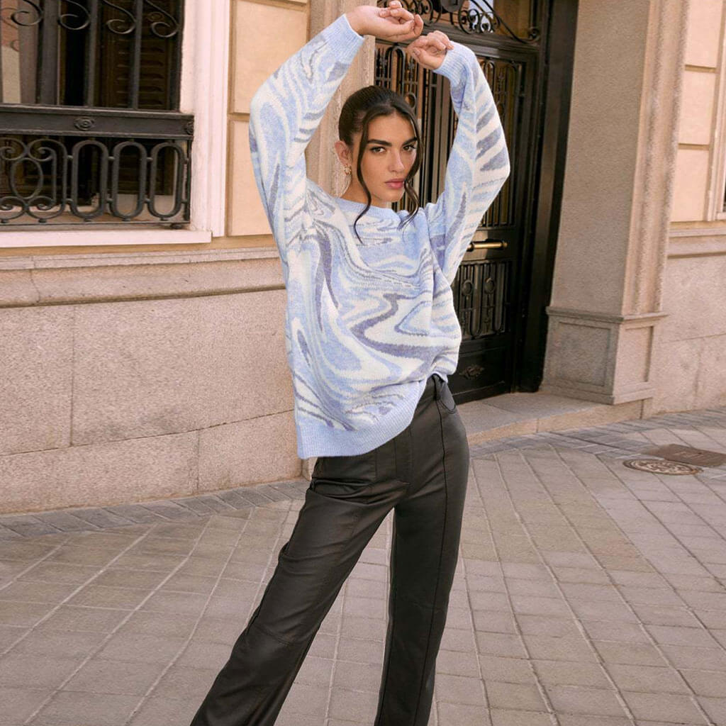 Wave Print Ribbed Long Sleeve Pullover Sweater - Blue