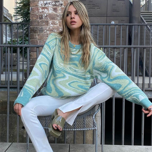 Wave Print Ribbed Long Sleeve Pullover Sweater - Green