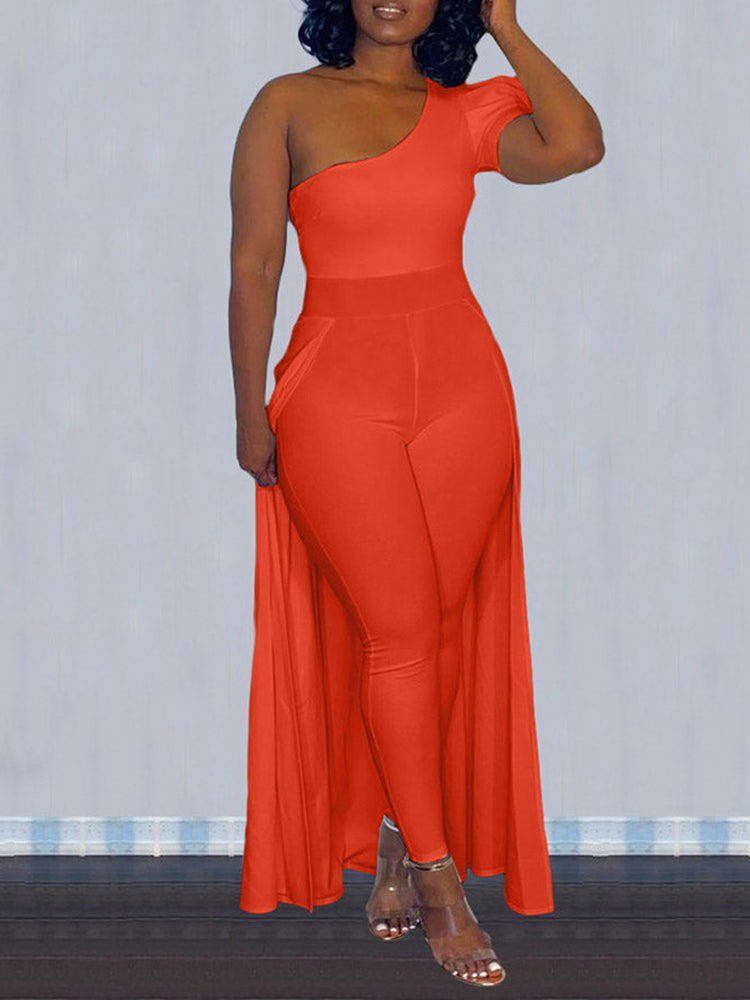 Oblique Shoulder Collar Cape Jumpsuit