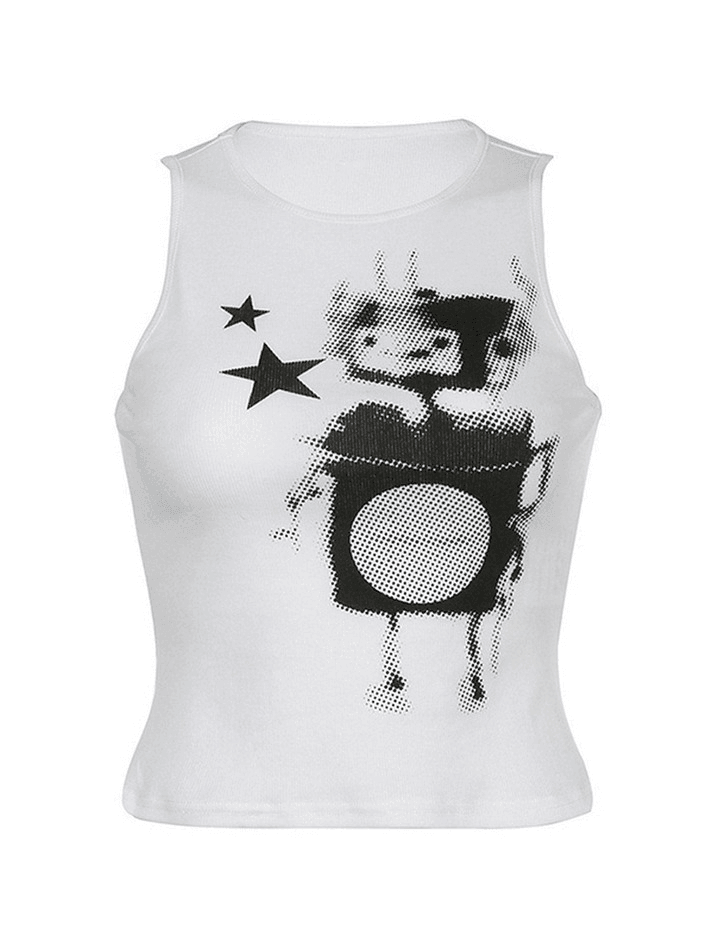 Pixel Robot Star White Cropped Tank Top