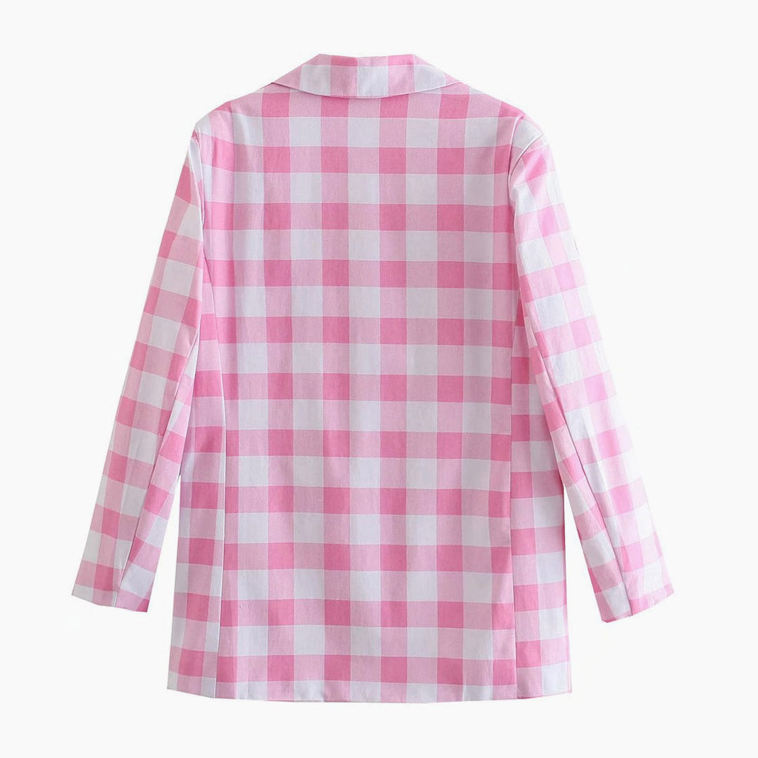 Sweet Plaid Print Long Sleeve Blazer and Pleated Mini Skirt Matching Set - Pink