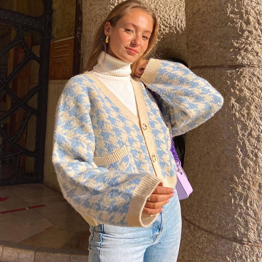 Preppy Houndstooth V Neck Long Sleeve Cardigan - Blue