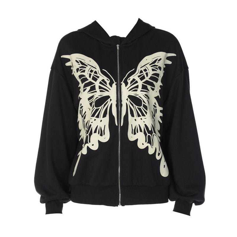 Style Butterfly Print Long Sleeve Hoodie - Black