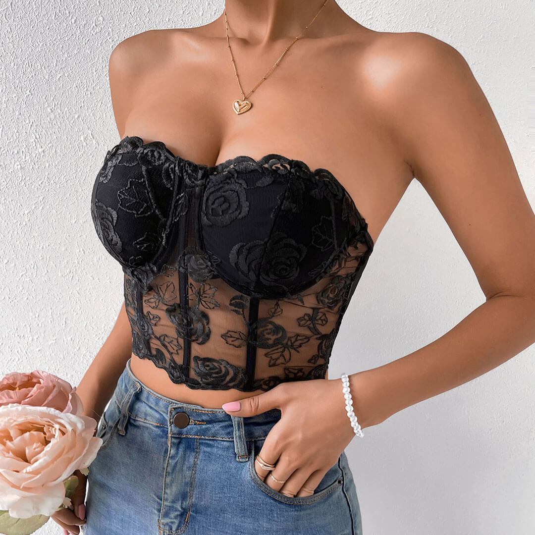 Tulle Crop Corset Tube Top - Black