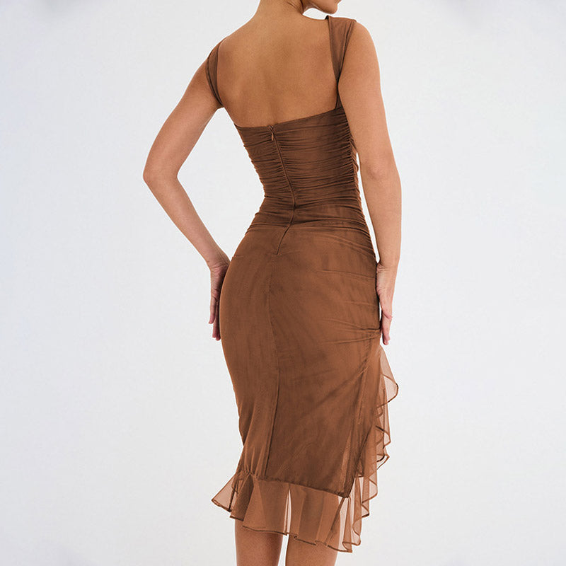 Ruched Crew Neck Sleeveless Bodycon Ruffle Cocktail Midi Dress - Brown