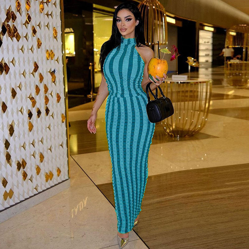 Popcorn Striped High Neck Sleeveless Bodycon Maxi Dress - Blue
