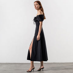 Puff Sleeve Tie Front High Split Off Shoulder Midi Sundress - Black