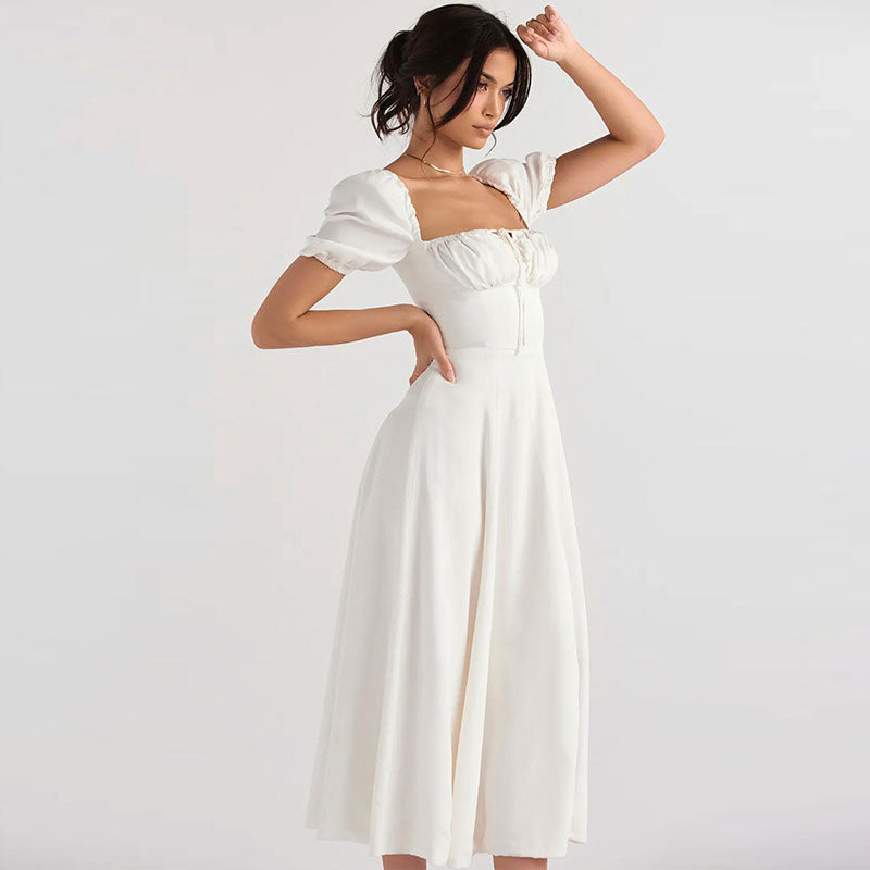 Puff Sleeve Tie Front High Split Off Shoulder Midi Sundress - White