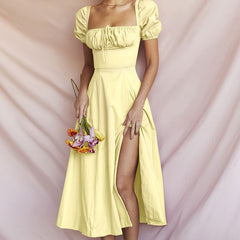 Puff Sleeve Tie Front High Split Off Shoulder Midi Sundress - Yellow