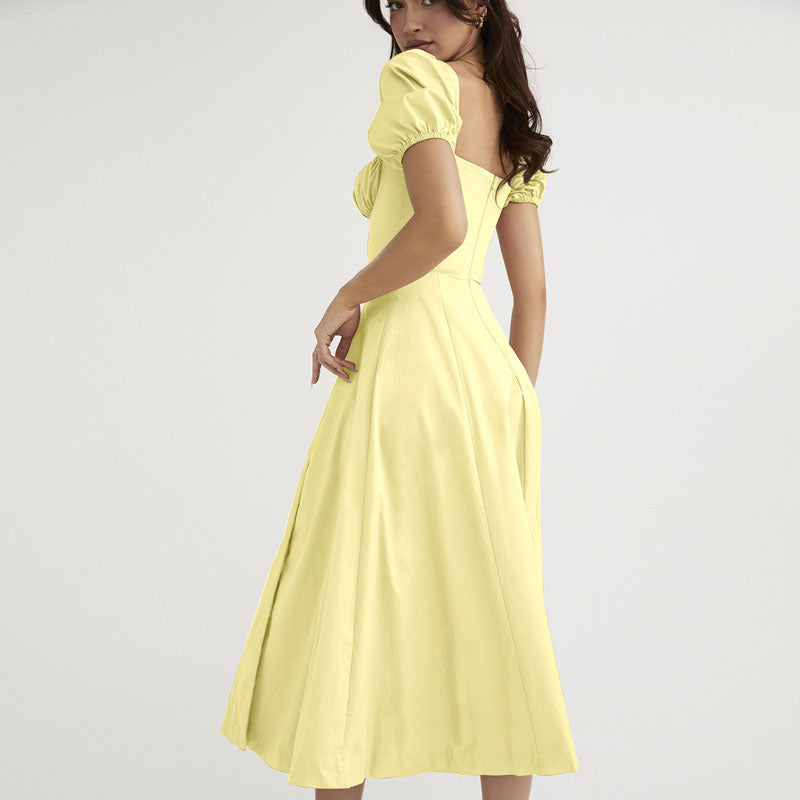 Puff Sleeve Tie Front High Split Off Shoulder Midi Sundress - Yellow