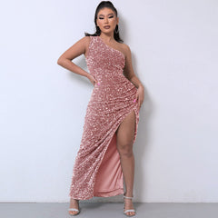 Shimmery Sequin High Split One Shoulder Gown Maxi Dress - Pink