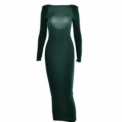 Shimmery Shoulder Pad Long Sleeve Open Back Cocktail Midi Dress - Emerald Green