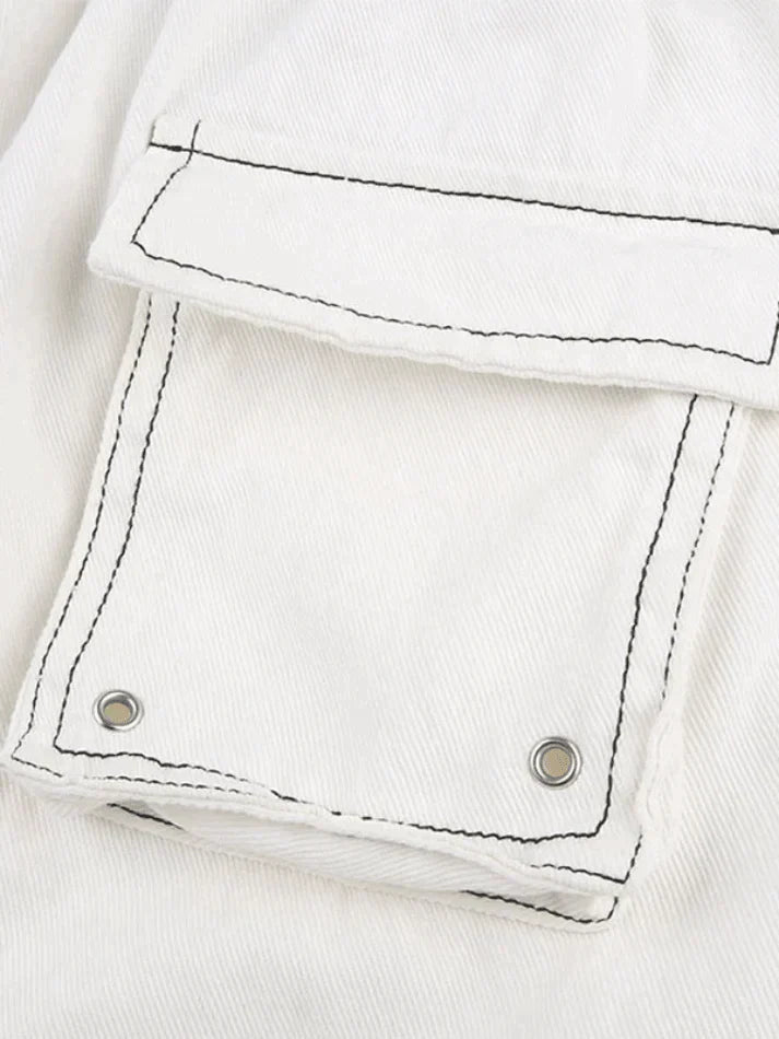 Side Striped White Baggy Cargo Jeans