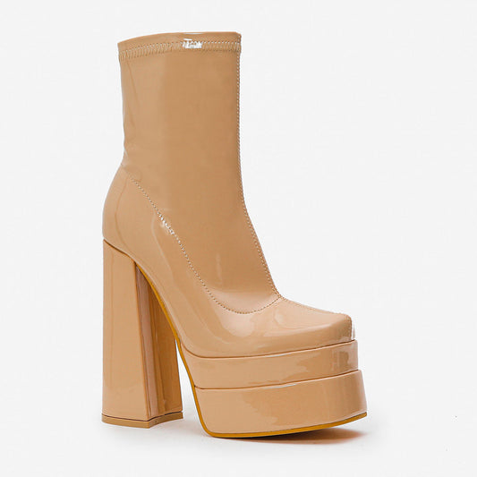 Solid Color Patent Chunky High Heel Platform Ankle Boots - Apricot