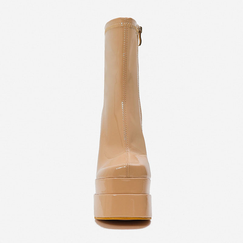 Solid Color Patent Chunky High Heel Platform Ankle Boots - Apricot
