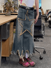 Star Patch Distressed Denim Maxi Skirt