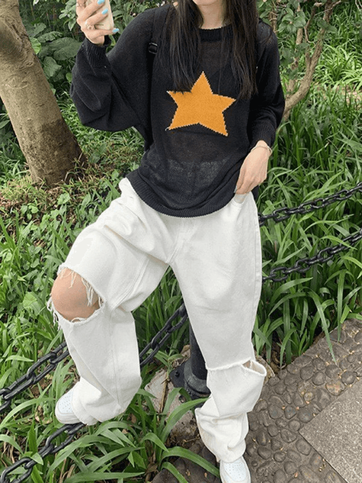 Star Pattern Semi Sheer Knit Top