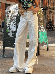 Straight Leg White Parachute Cargo Pants