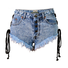 Street High Waist Lace Up Frayed Denim Shorts - Blue