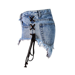 Street High Waist Lace Up Frayed Denim Shorts - Blue