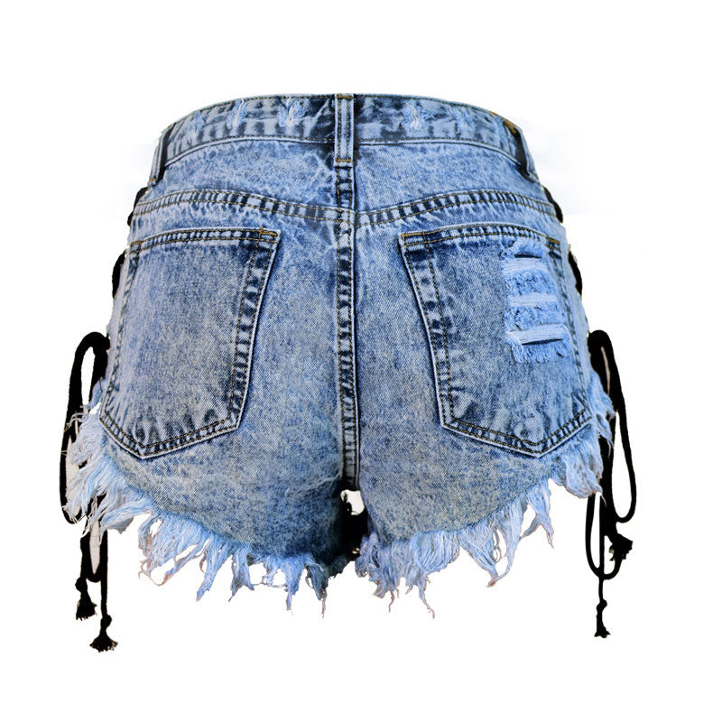 Street High Waist Lace Up Frayed Denim Shorts - Blue