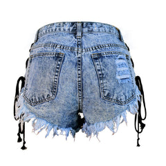 Street High Waist Lace Up Frayed Denim Shorts - Blue