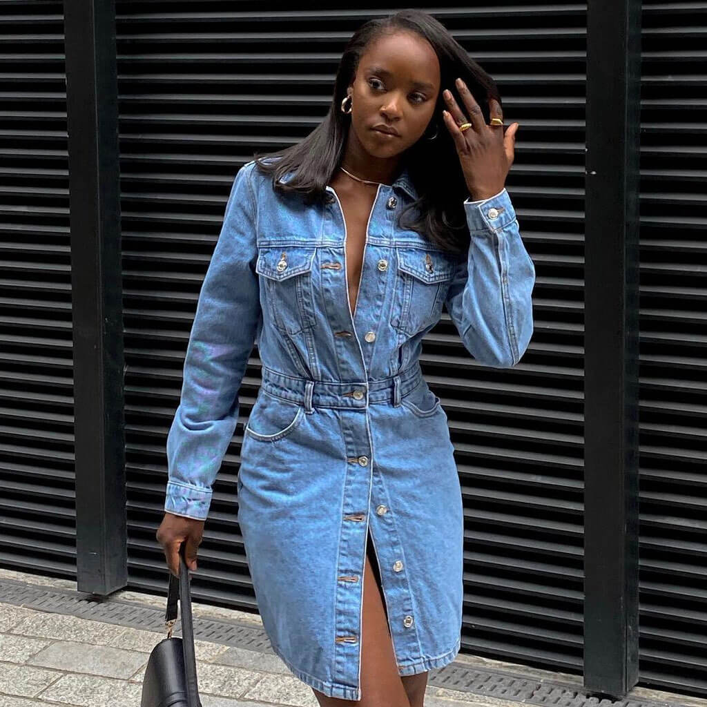 Street Style Long Sleeve Denim Midi Dress - Blue