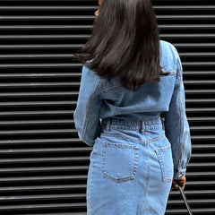 Street Style Long Sleeve Denim Midi Dress - Blue