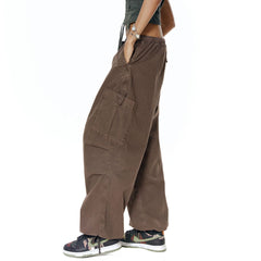 Street Style Multi Pocket Wide Leg Baggy Cargo Pants - Brown