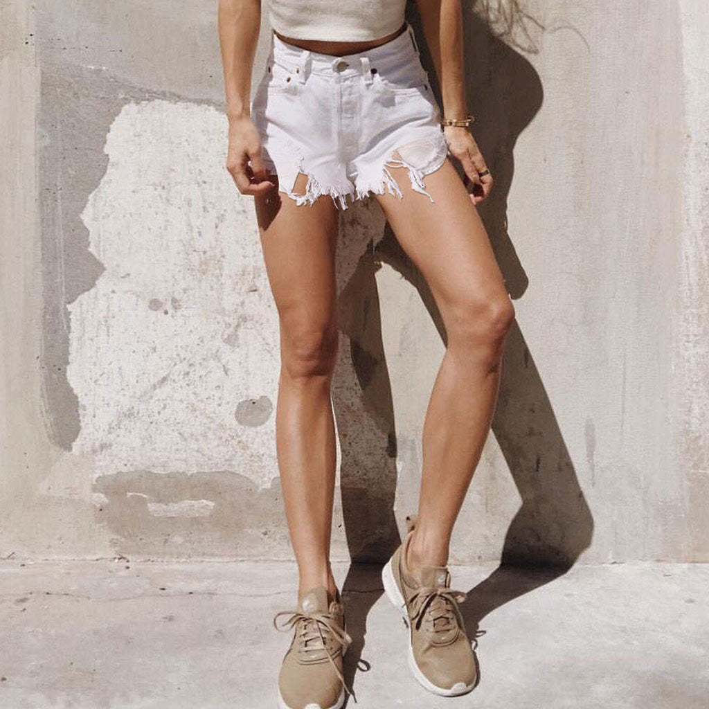 Street Style High Waist Frayed Distressed Denim Shorts - White