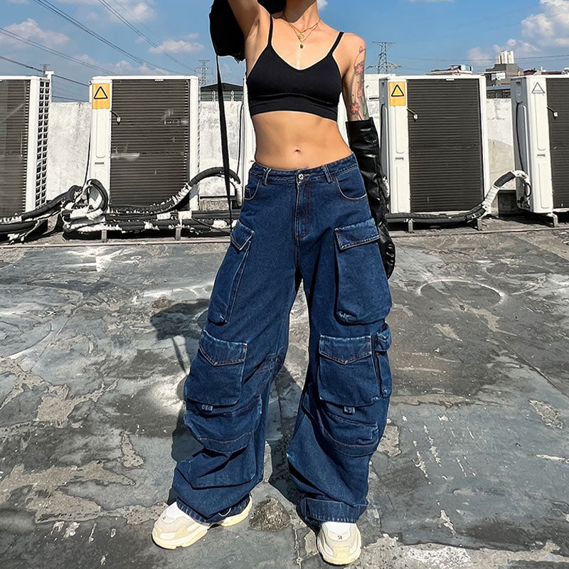 Street Style Panel Trim Patch Pocket Cargo Jeans - Blue