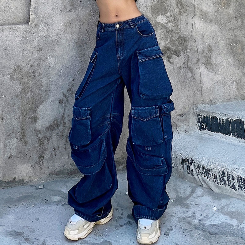 Street Style Panel Trim Patch Pocket Cargo Jeans - Blue