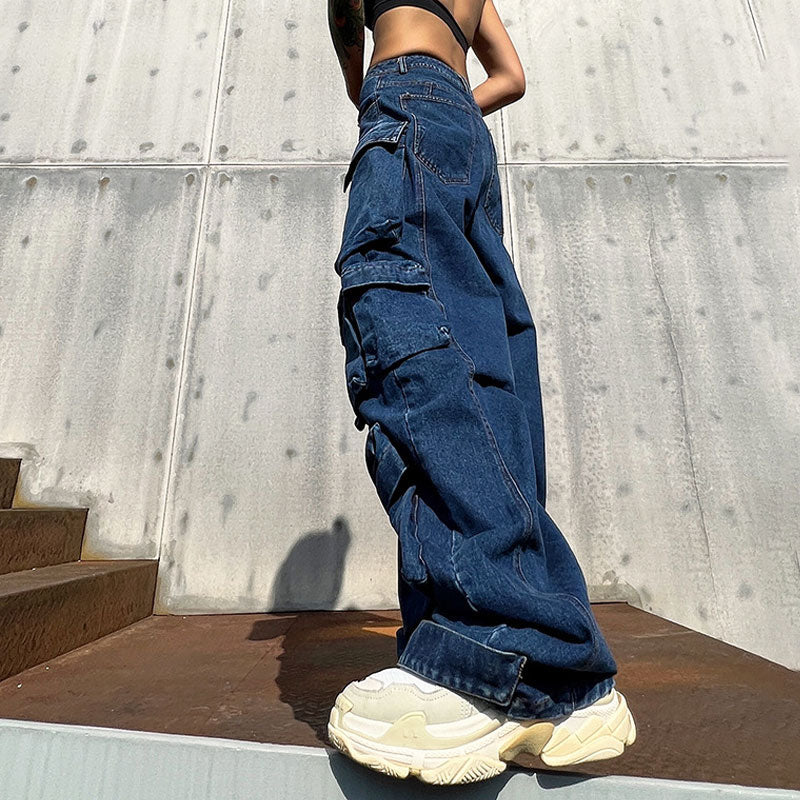 Street Style Panel Trim Patch Pocket Cargo Jeans - Blue
