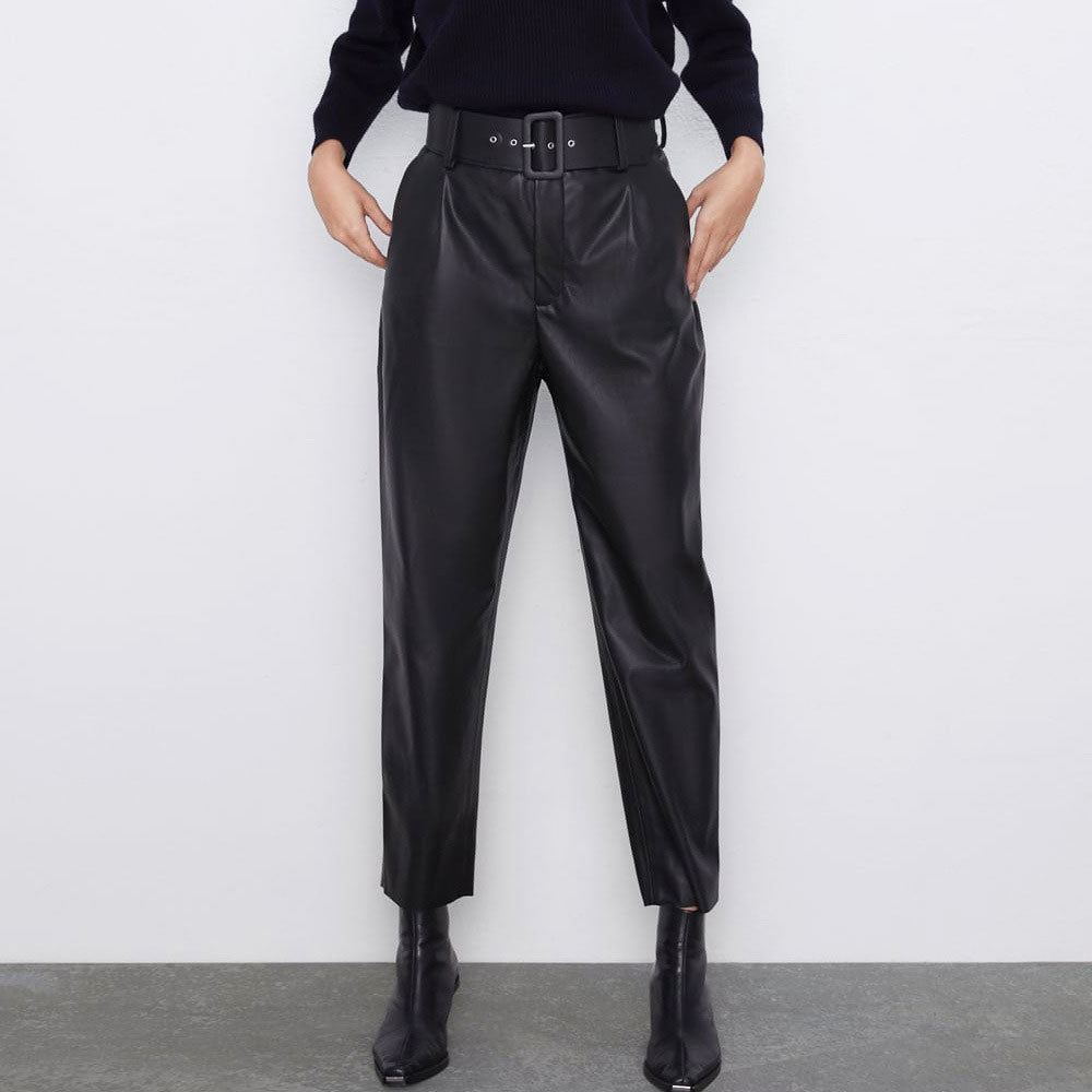 Striking High Waist Buckle Trim Side Pocket Vegan Pants - Black