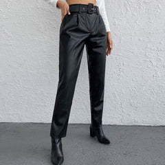 Striking High Waist Buckle Trim Side Pocket Vegan Pants - Black