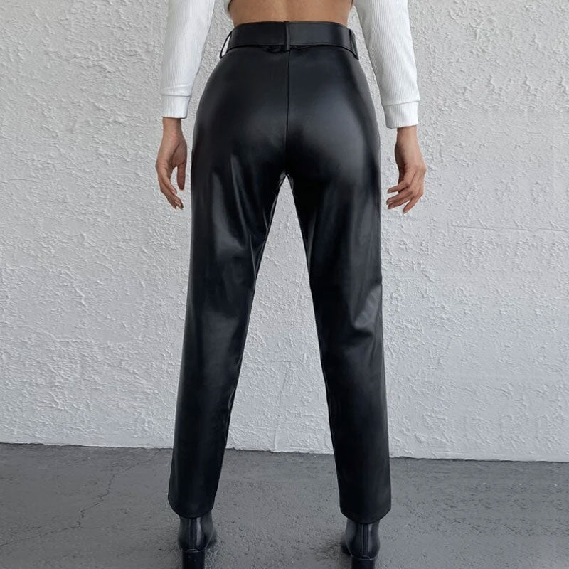 Striking High Waist Buckle Trim Side Pocket Vegan Pants - Black