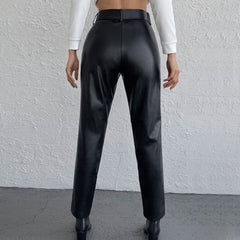 Striking High Waist Buckle Trim Side Pocket Vegan Pants - Black