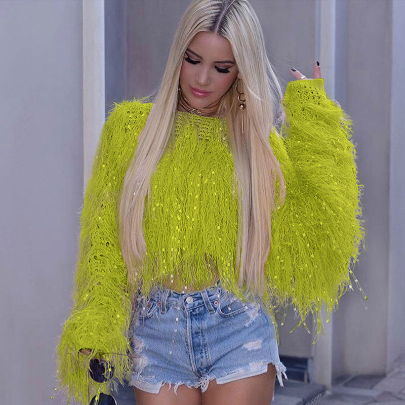 Stylish Crochet Knit Fur Fringe Long Sleeve Cropped Sweater - Green
